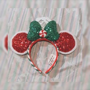 Disney Christmas Holiday Sequined Minnie Mouse Ears w/ Peppermint Bow